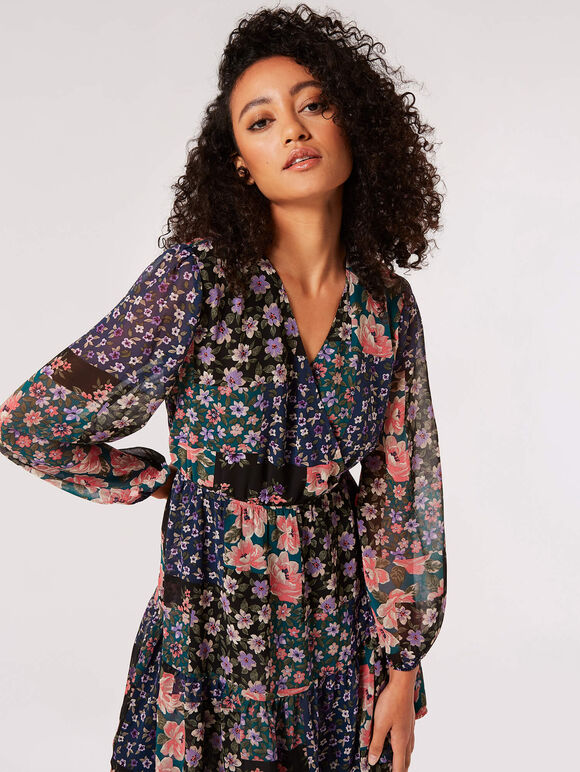 Patchwork Floral Mini Dress, Green, large