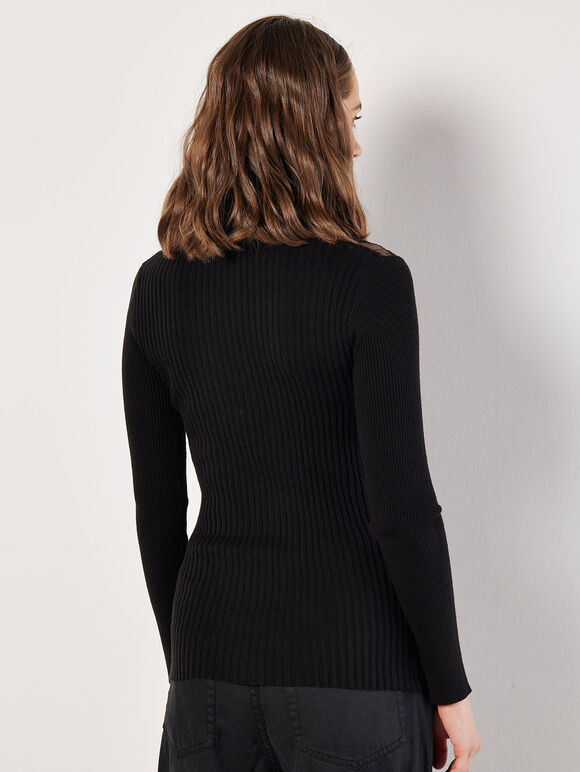 Gemstone Mesh Ribbed Jumper, Black, large