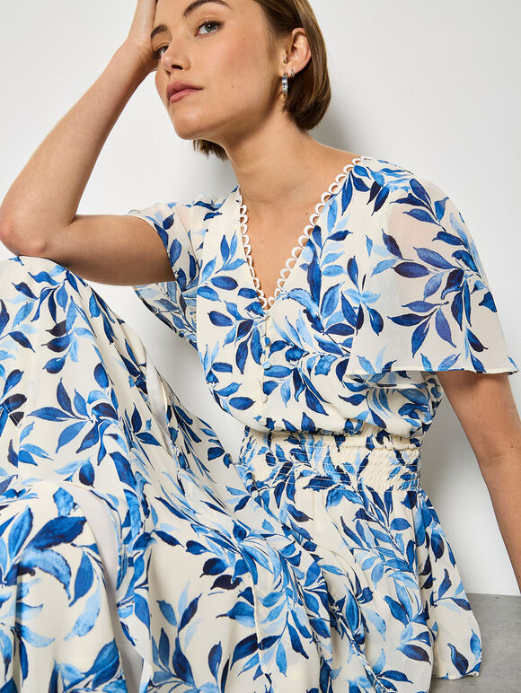 Watercolour Leaves Chiffon Tiered Maxi Dress, Blue, large