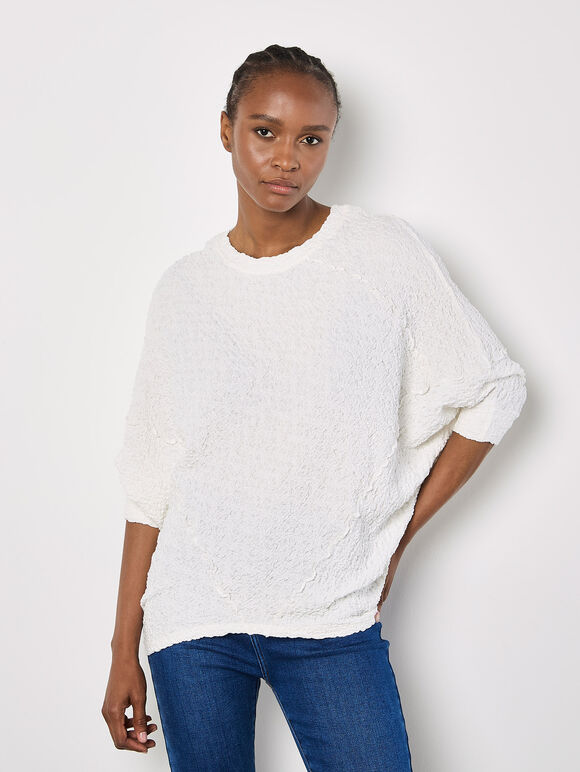 Textured Cotton Blend Top, White, large