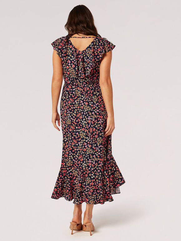 Ditsy Floral Ruffle Wrap Midi Dress, Navy, large