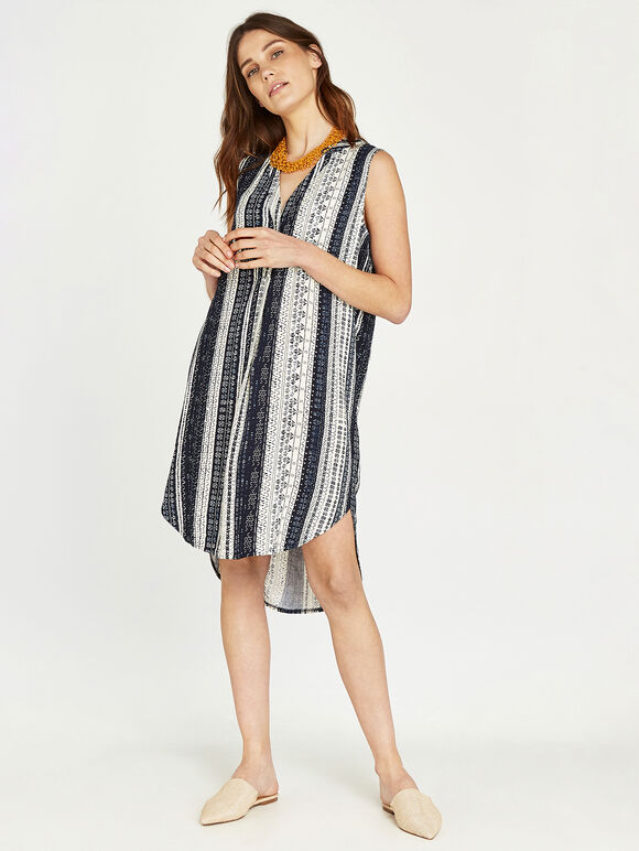 Batik Stripes Curved Hem Dress, Navy, large