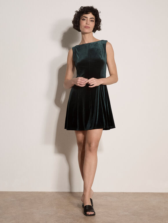 Velvet Swing Mini Dress, Green, large