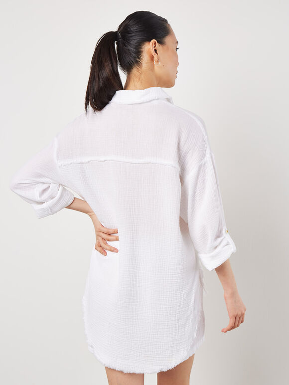 Textured Cotton Oversized Shirt, White, large