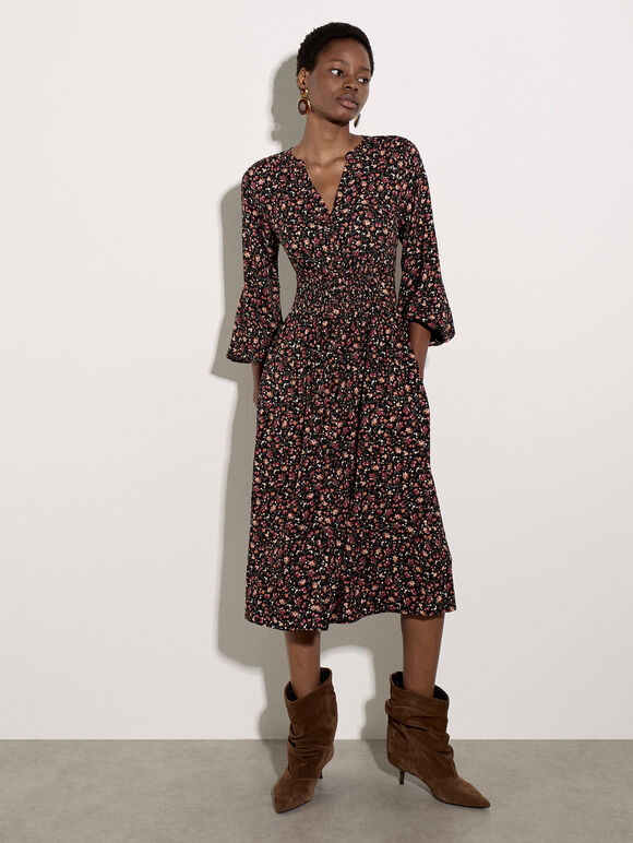 Ditsy Floral Crepe Midi Dress, Black, large