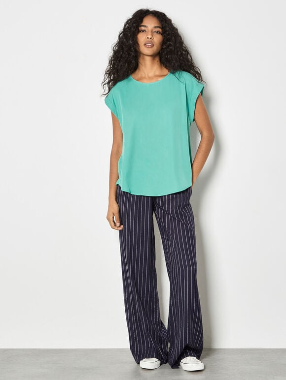 Woven Split Hem T-Shirt, Blue, large