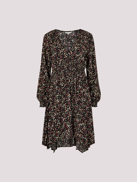 Ditsy Floral Smocked Mini Dress, Black, large
