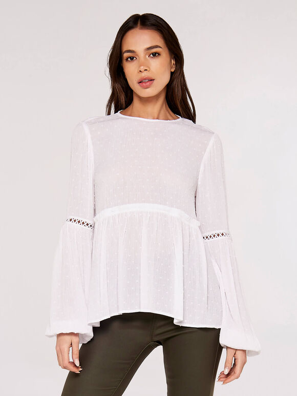 Crinkle Dobby Balloon Sleeve Top, Cream, large