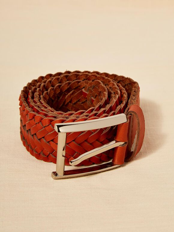 Tan Leather Braided Belt, Brown - Tan, large