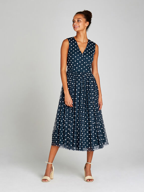 Navy Polkadot Mesh Ribbon Tie Midi Dress, Navy, large