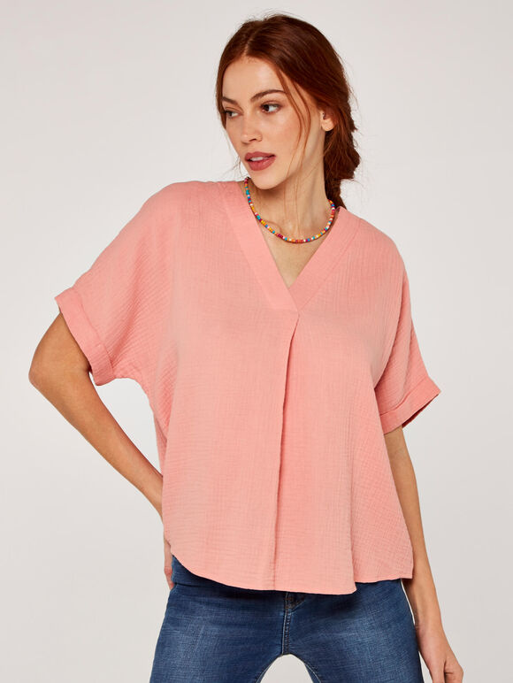 Textured Cotton Pleat Front Top, Pink, large