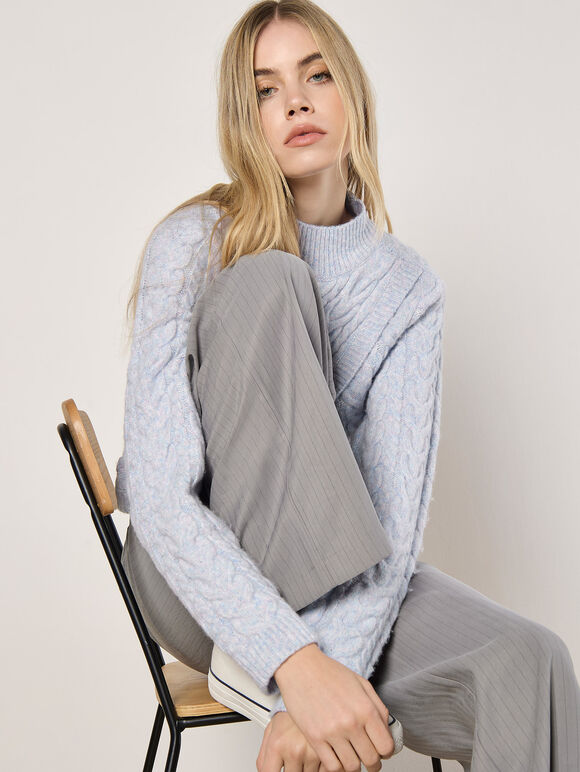Cable Knit Wrap Jumper, Blue, large