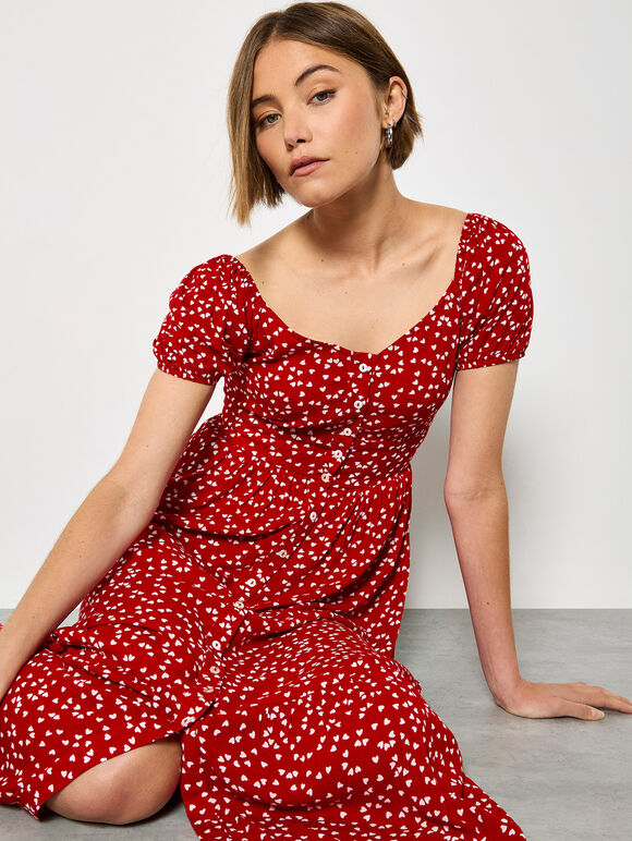 Mini Heart Print Midi Dress, Red, large