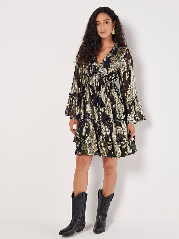 Gold Foil Paisley Mini Dress, Black, large