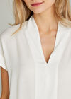Cream High Collar Border V Neck Top, Cream, large