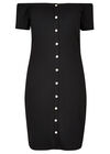 Button Down Ribbed Bardot Dress, Black, large