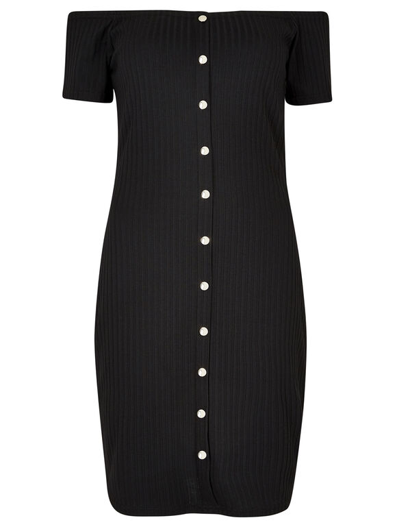 Button Down Ribbed Bardot Dress, Black, large