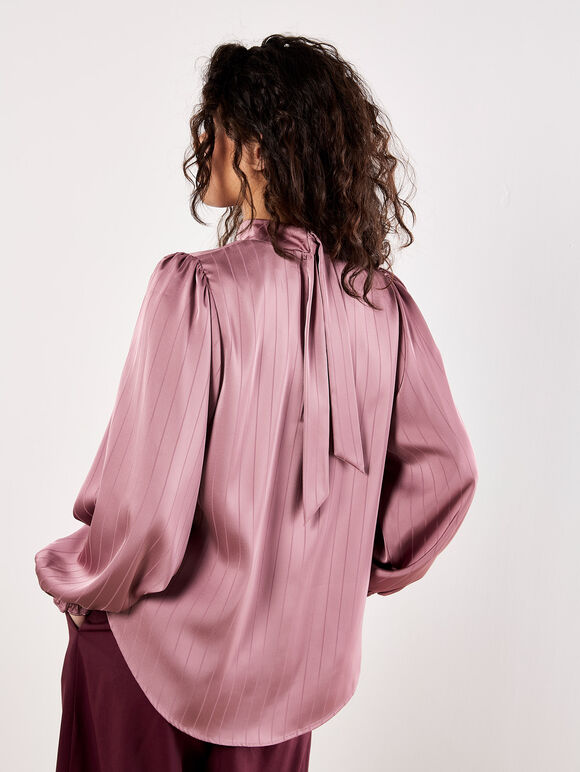 Satin Self-Stripe Tie Back Top, Purple, large