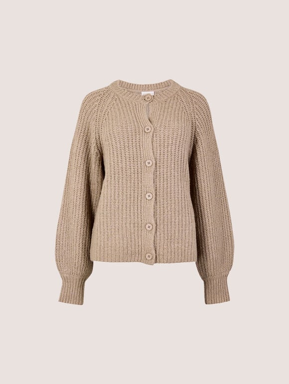 Cotton-Blend Chunky Ribbed Knit Cardigan, Mocha, large