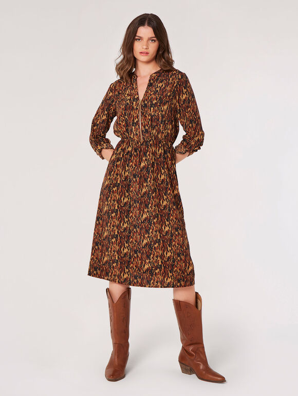 Texture Print Zip Midi Dress, Brown, large
