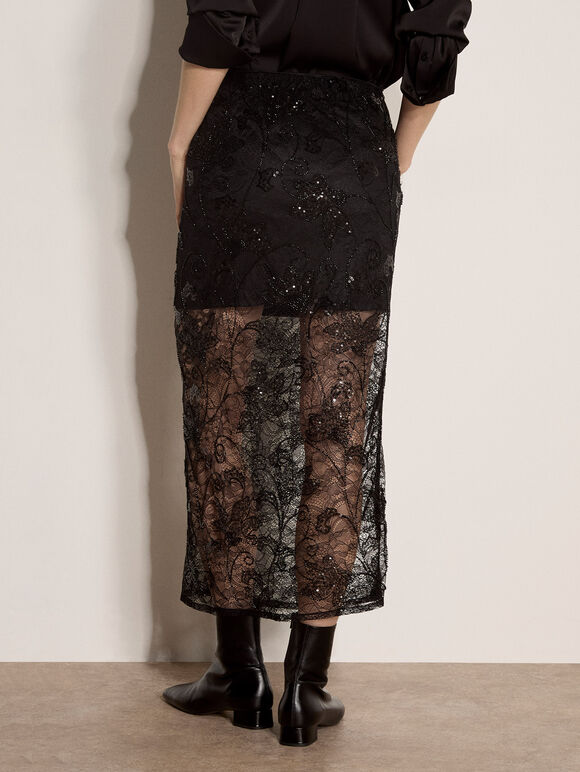 Floral Beaded Lace Midi Skirt, Black, large