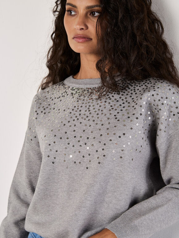 Sequin Embellished Jumper, Light Grey / Silver, large