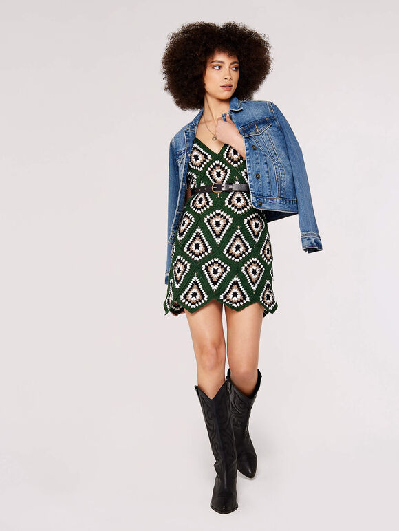 Granny Crochet Mini Dress, Green, large