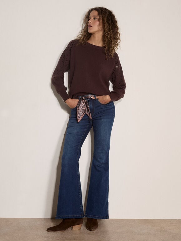 Sequin Sleeve Ribbed Knit Jumper, Brown, large