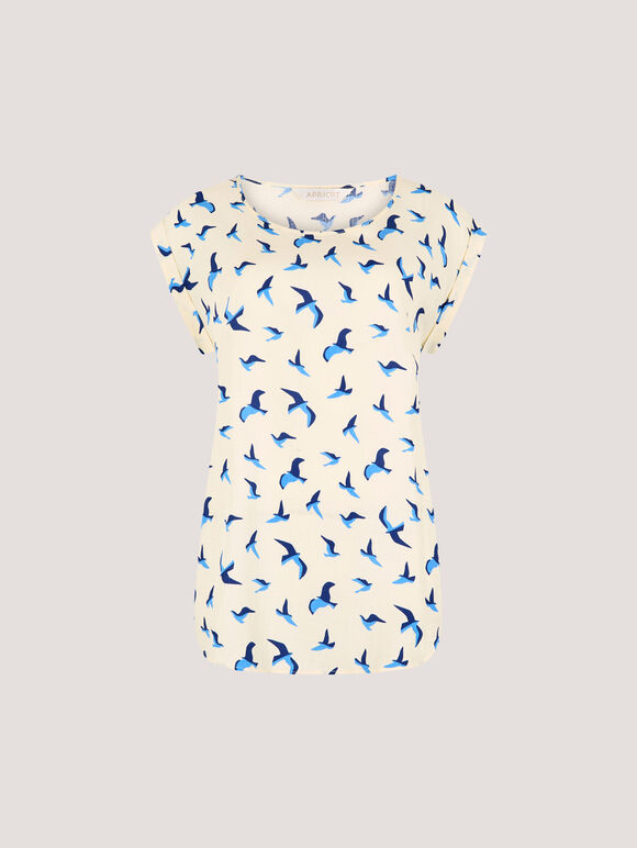 Bird Print Graphic Woven T-Shirt, Cream, large