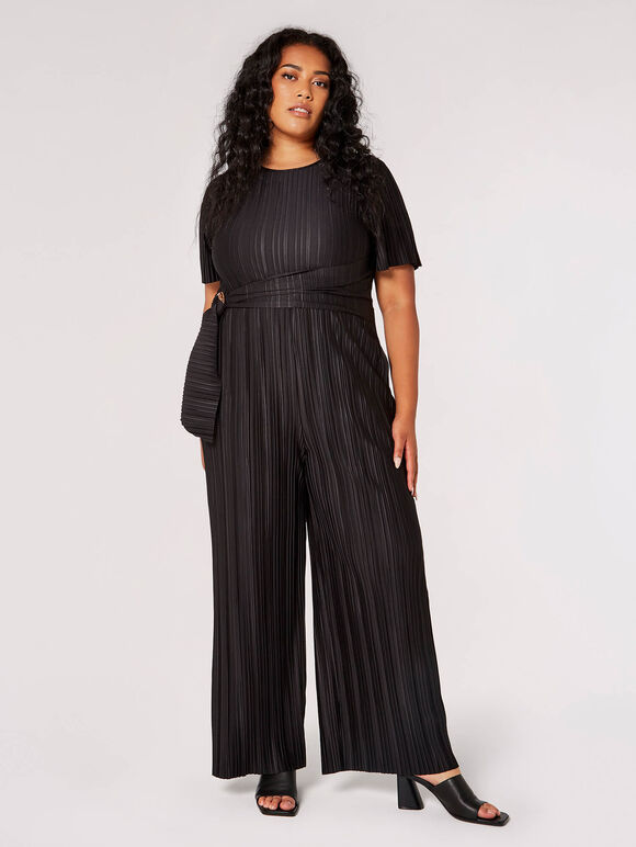 Curve Plisse Wide-Leg Jumpsuit, Black, large