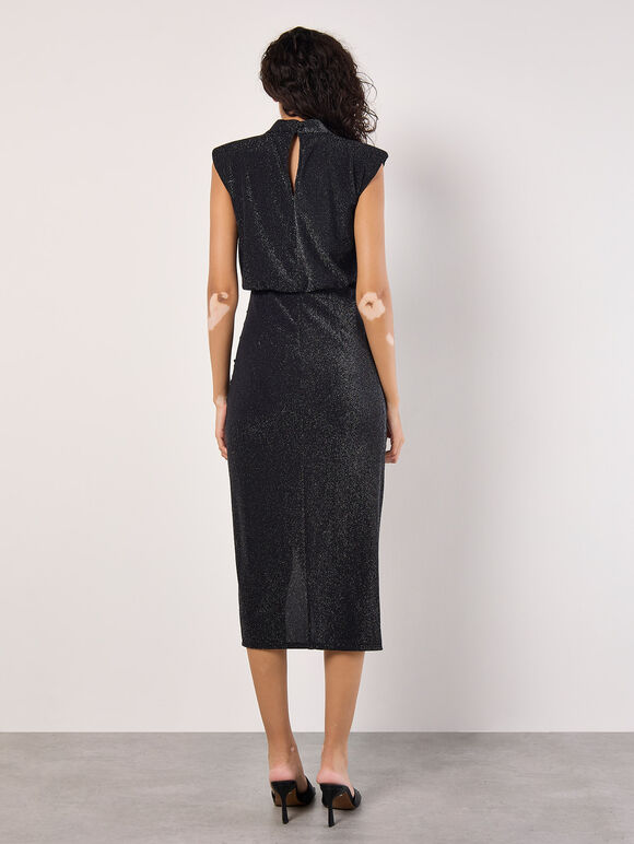 Sparkle Ruched Bodycon Midi Dress, Black, large