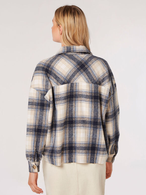 Raw Edge Check Shacket, Navy, large