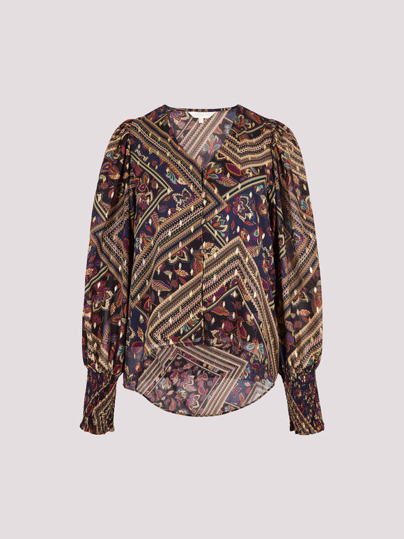 Gold Foil Floral Blouse, Navy, large