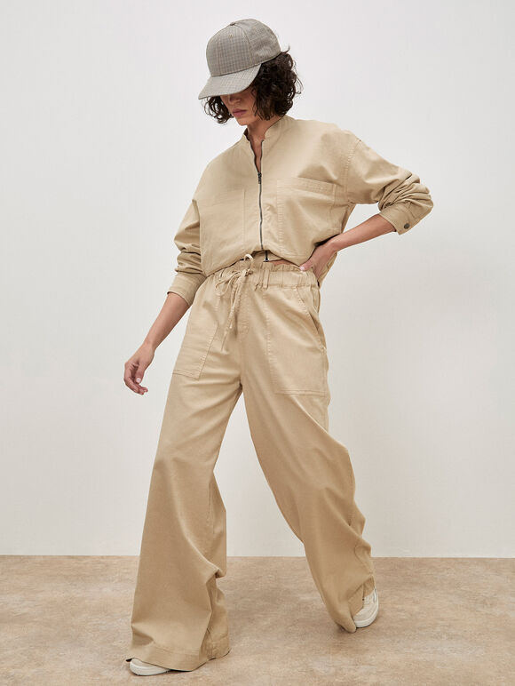 Paper Bag Waist Wide Leg Trousers, Stone, large