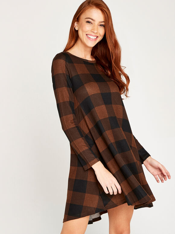 Gingham Long Sleeve Swing Dress, Rust, large