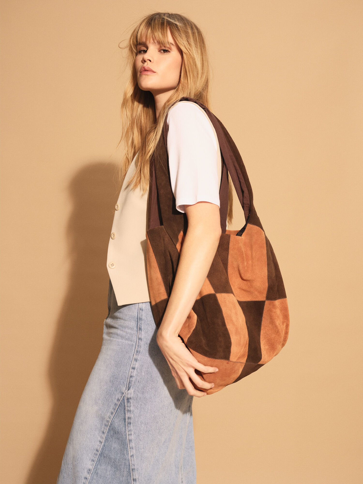Suede Patchwork Hobo Bag Apricot Clothing