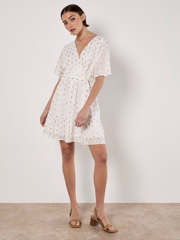 Gold Foil Diamond Wrap Mini Dress, White, large