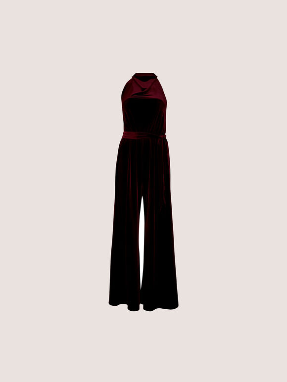 Velvet Cowl Neck Jumpsuit, Burgundy, large