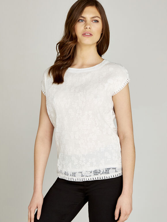 White Sheer Crinkle Crochet Trim Top, White, large
