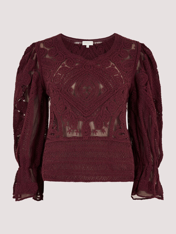 Cotton Embroidered Mesh Top, Burgundy, large