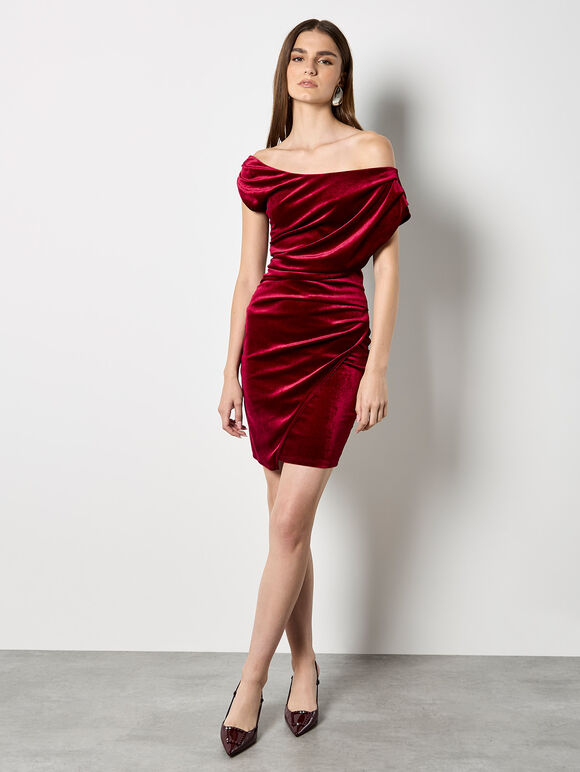 One-Shoulder Velvet Bodycon Mini Dress, Red, large