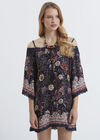 Batik Floral Cold Shoulder Swing Tunic Dress, Navy, large