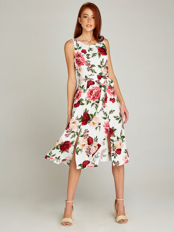 Rose Print Skater Dress, Cream, large