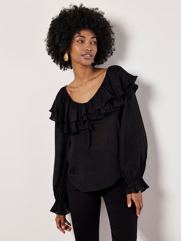 Ruffle Collar Blouse, Black, large
