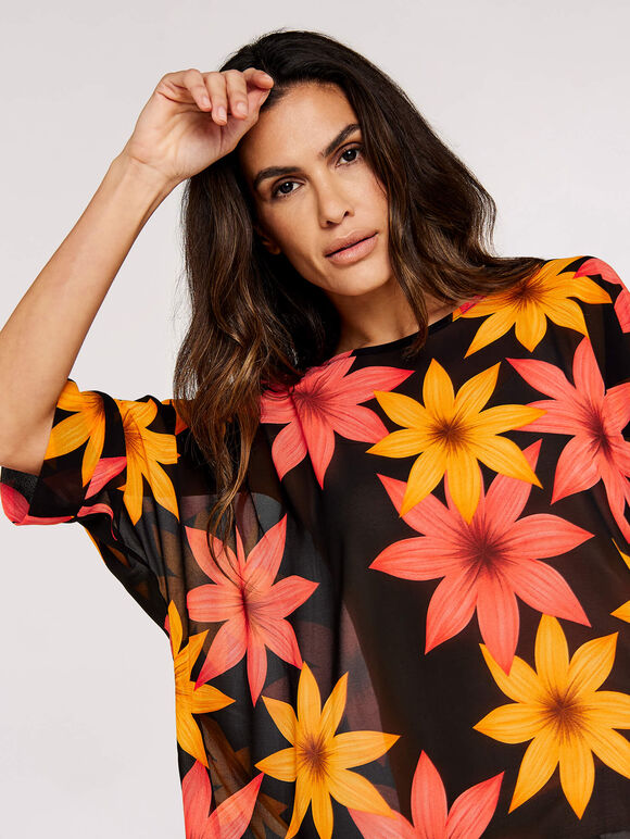 Bold Flower Oversize Top, Black, large