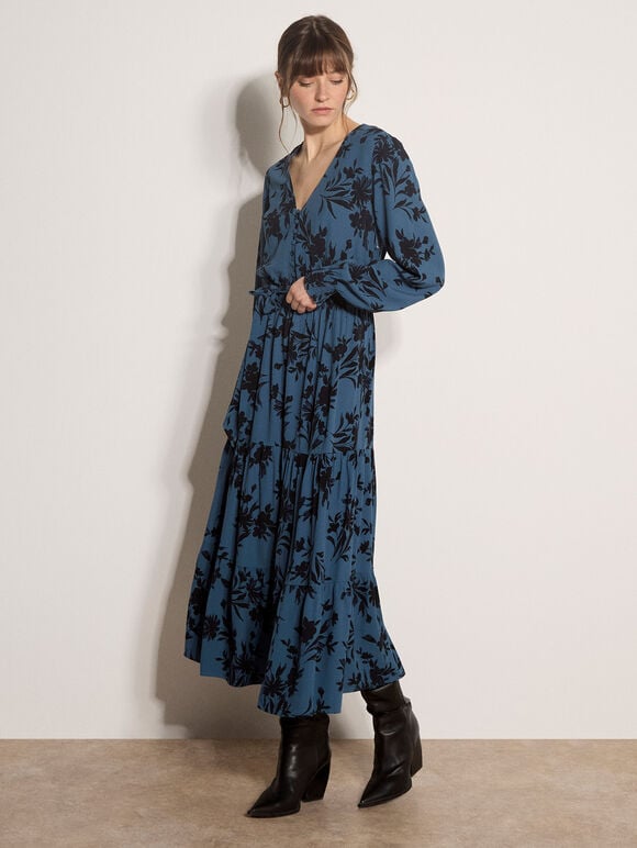 Floral Crepe Midi Dress, Teal, large