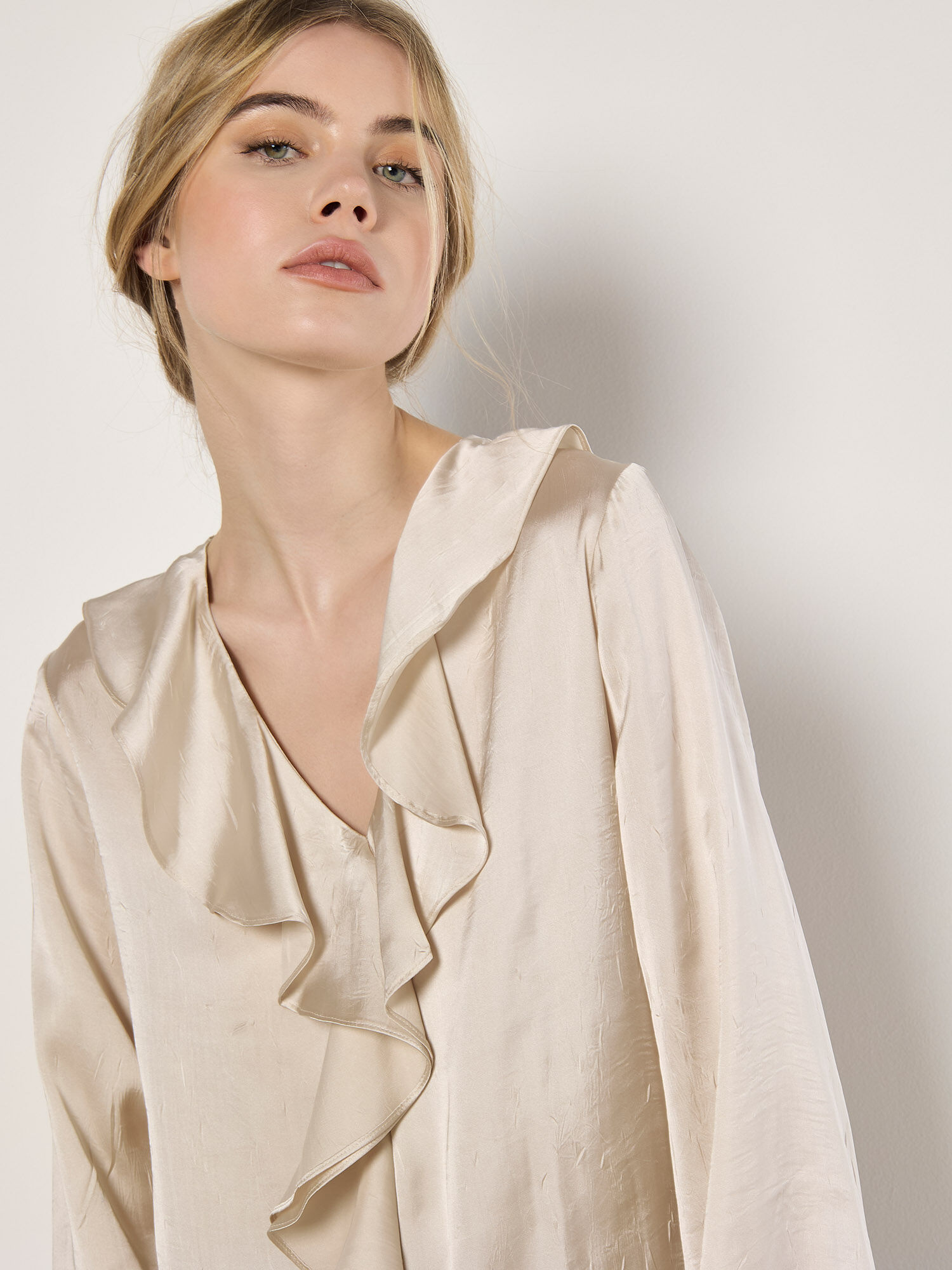 Textured Satin Ruffle Blouse Apricot Clothing