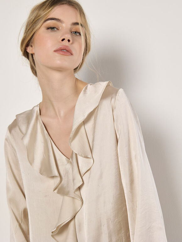 Textured Satin Ruffle Blouse, Cream, large