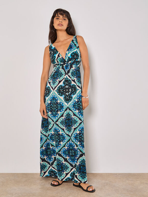 Tile Print Jersey Maxi Dress, Aqua - Turquoise, large