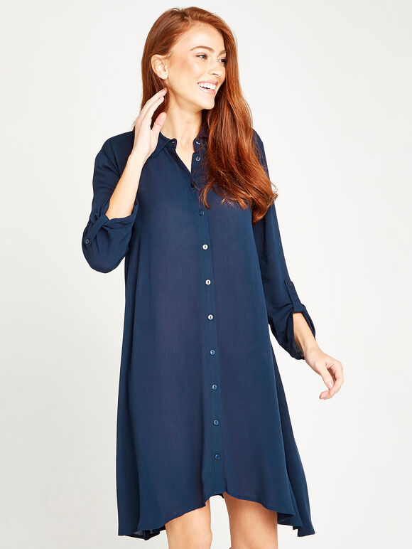 Crinkle Swing Shirt Dress, Navy, large